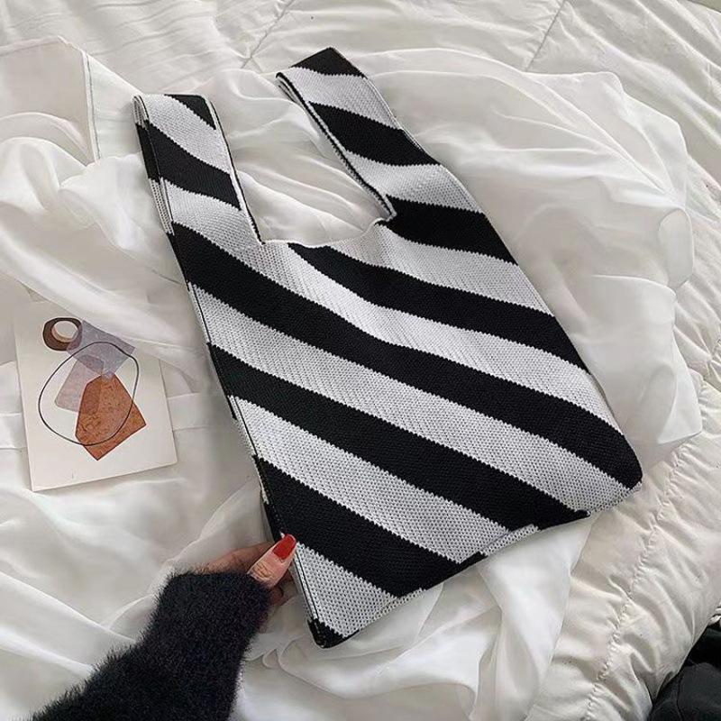 Yogodlns Handmade Knit Handbag Women Mini Knot Wrist-bag Female Casual Color Wide Stripe Tote Shoulder Bag Student Reusable Shopping Bag