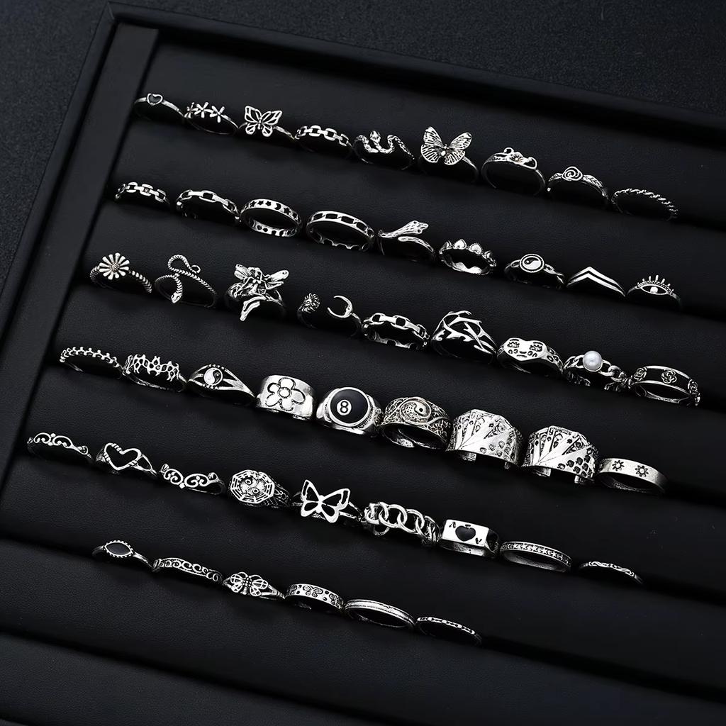 51 Pcs Punk Ring Set For Women Men Gothic Butterfly Heart Snake Angel Black 8 Design Match Ring Daily Wear Jewelry Gifts