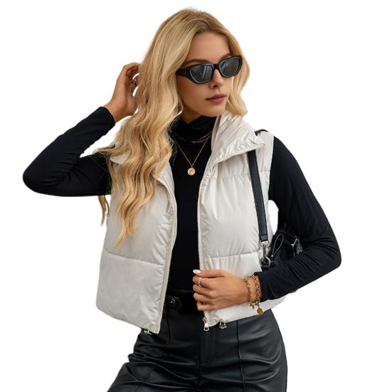 Gepolsterte Weste für Damen, leicht, Stehkragen, ärmellos, kurz, warm, Kordelzug am Saum, Reißverschluss, lässige Weste für Herbst und Winter