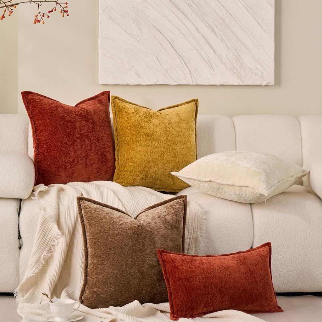 Ensemble de 2 housses de coussin décoratives bohèmes en chenille rayées double face avec fermeture éclair, pour canapé-lit et décoration de salon, douces et neutres