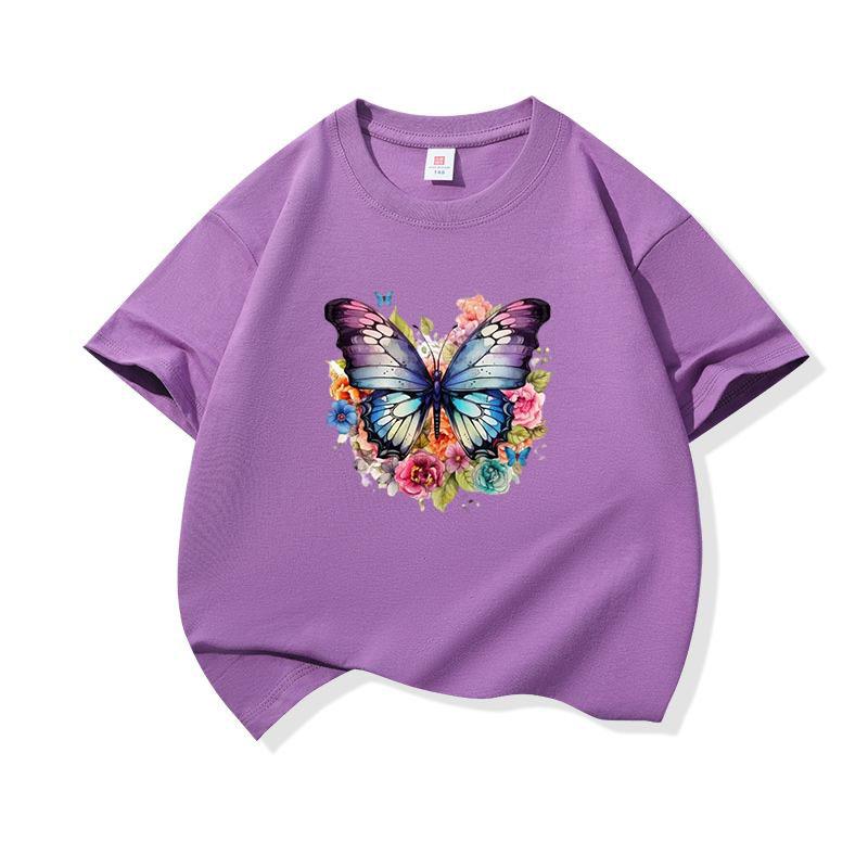 Kids Cotton T Shirt Colorful Floral Watercolor Butterfly Print Crew Neck Short Sleeve Tee Casual Boys Girls Summer Tops