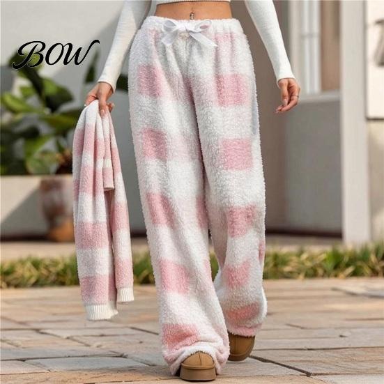 Weiche Hautfreundliche Schlafhose Damen Karomuster Weiter Beinschnitt, Kordelzug Hoher Bund Dicke Korallenfleece Samt Hose Warme Loungewear, Anti-Pilling