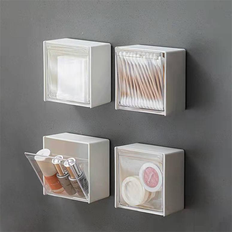 Boîte de rangement murale anti-poussière pour salle de bain, sans perforation, pour fil dentaire, coton-tige, maquillage, fournitures pour la maison
