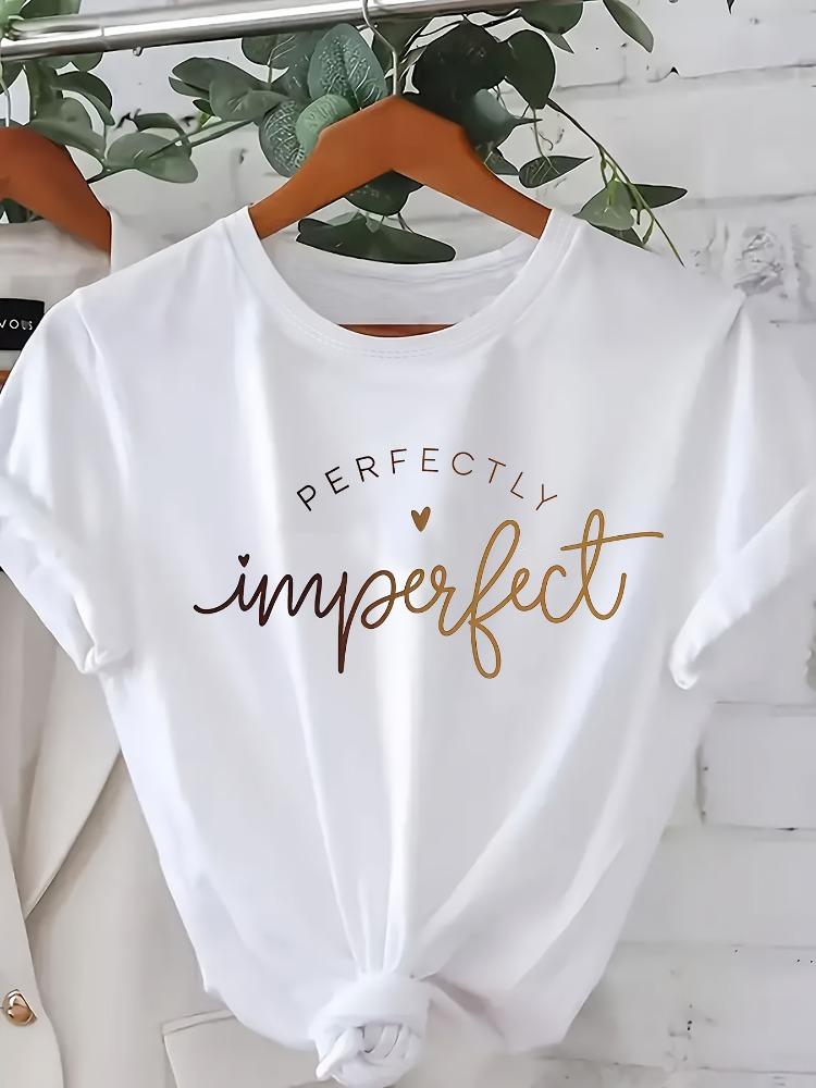 Womens Casual Crew Neck TShirt with Perfectly Imperfect Slogan Crew Neck Cotton Short Sleeve Letter Print Top