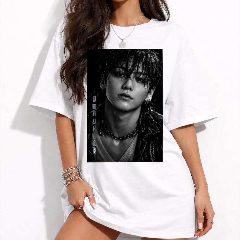 2026 Letnia Gorąca Wyprzedaż Koreański Idol Popu Jungkook Koszulka Męska Damska Nadruk Okrągły Dekolt Koszulka Oddychająca i Wygodna Odzież