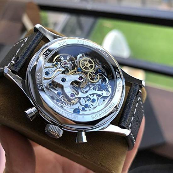 SUGESS Watch Chronograph Mechanical Analog Watch Panda Dial Pilot Leather Strap Luxury Back Stylish Popular Swan Neck Regulator 38mm Men's See-Through