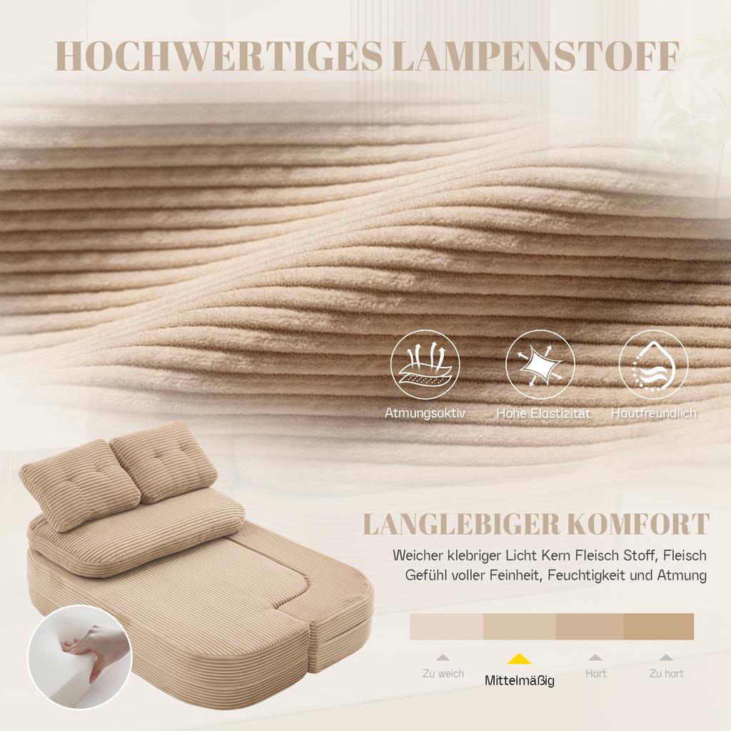2-in-1 Slaapstoel Gemaakt van Ribfluweel, Bankbed, met Verstelbare Armleuningen, 2 Bekerhouders, Hoge Rugleuning en Extra Diepe Zitting, Kaki