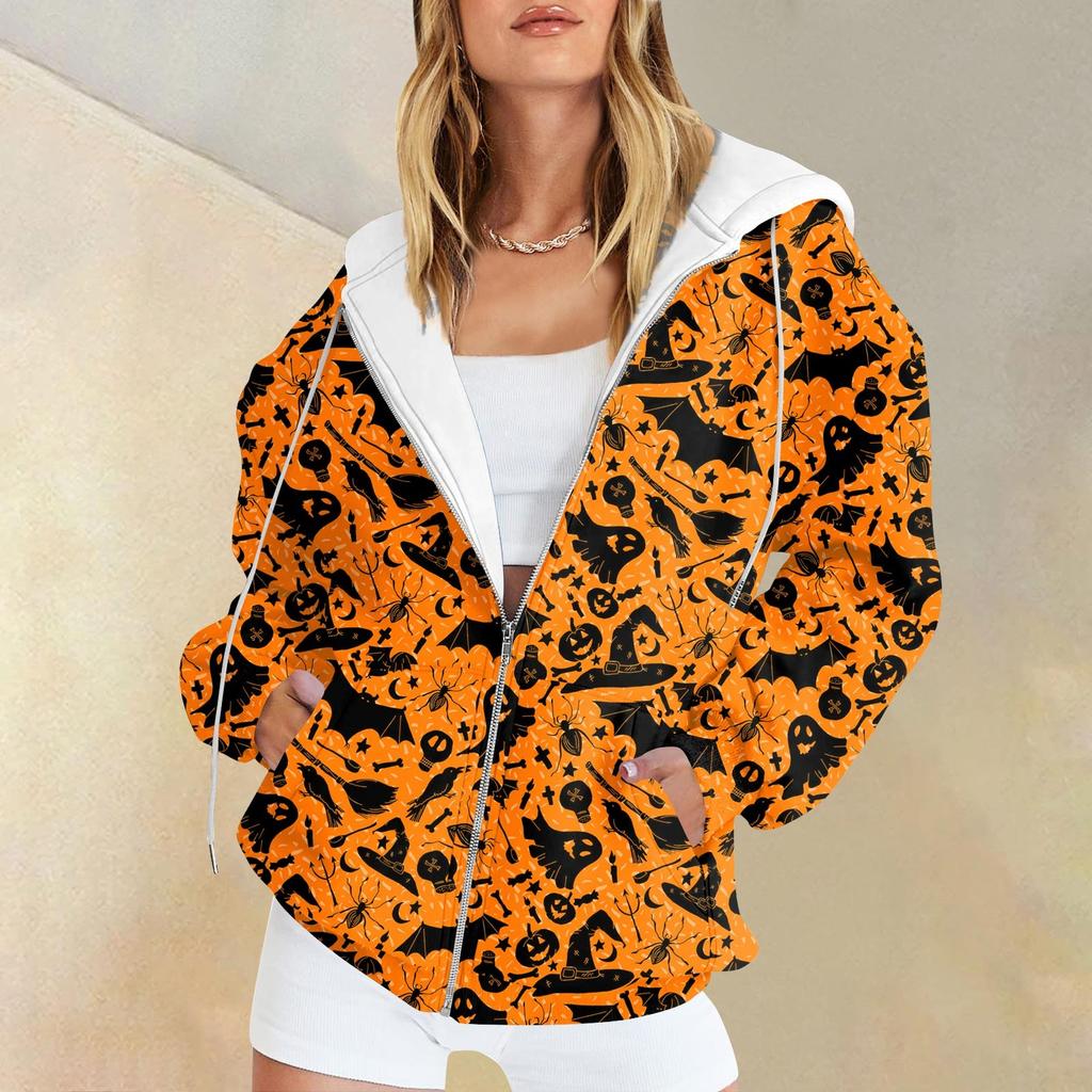 Women's Fashion Casual Halloween Printed Sweatshirt Autumn Winter Long Sleeve Cardigan With Pockets Zipper Hoodie Jacket