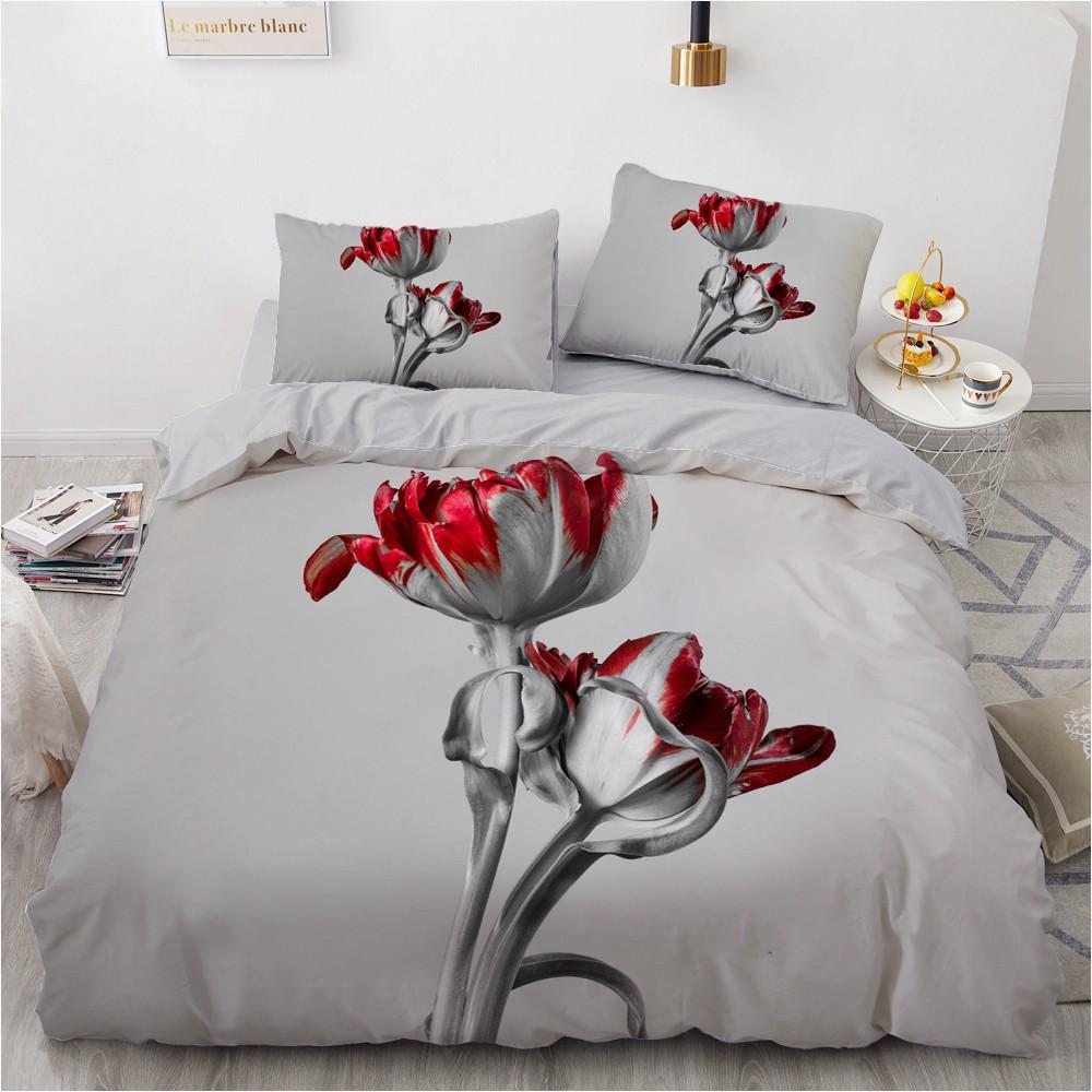 Red Floral King Queen Full Duvet Cover 3D Romantic Flowers Bedding Set For Kids Teens Adults Plant Grey 2/3pcs Soft Quilt Cover