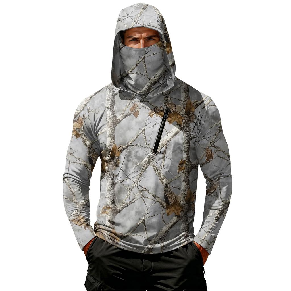 Men's Casual Leaf Camouflage Print Hoodie Long Sleeve Sun Protection Jacket Lightweight Breathable Outdoor Pullover with Zipper Pocket