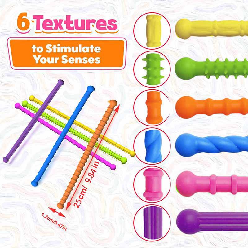 6 Stück bunte Silikon-Sensorik-Stäbe Autismus Texturierte beruhigende Fidget-Spielzeuge für das Klassenzimmer zur Linderung von Ängsten von Schülern Reise-Entspannungsspielzeug