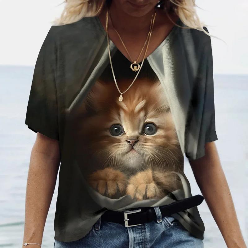 Fashionable Women's T-Shirts Cute Kitten 3D Print Girl Summer Harajuku Loose Casual Clothing Kawaii V-Neck Short Sleeve T-Shirts