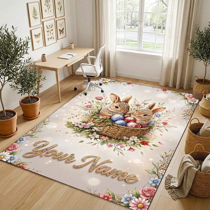 Easter Bunny Theme Crystal Velvet Rug Personalized Custom Name Text Soft Floor Mat Home Decor