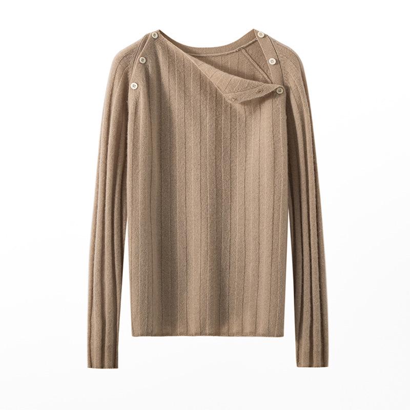 Women's Round Neck Cashmere Ribbed Slim-Fit Sweater, Long-Sleeve Winter Knit Top