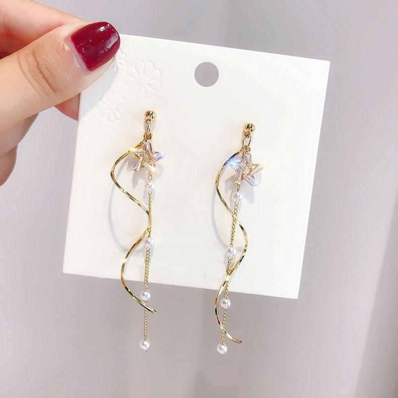 Exquisite Crystal Star Wavy Long Tassel Drop Earrings for Women Imitation Pearl Chain Dangle Earring Jewelry Gift