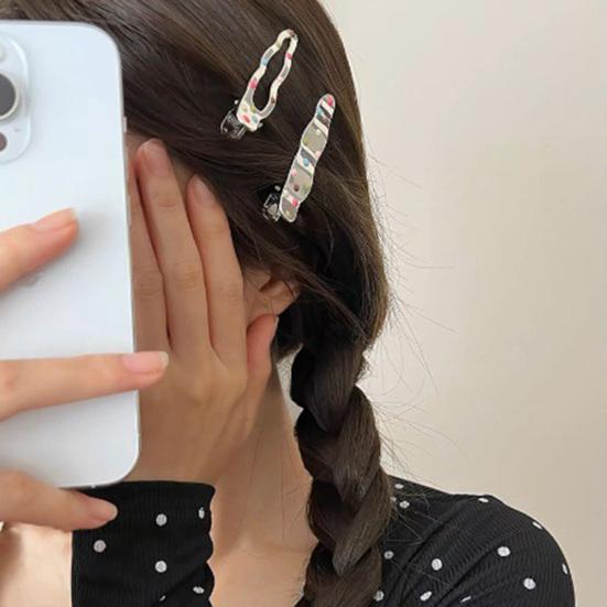 1 Pair Girl Hairpin Dot Print Wave Hearts Geometric Design Metal Hair Clips Side Bang Hair Pins Commuting Hair Accessories