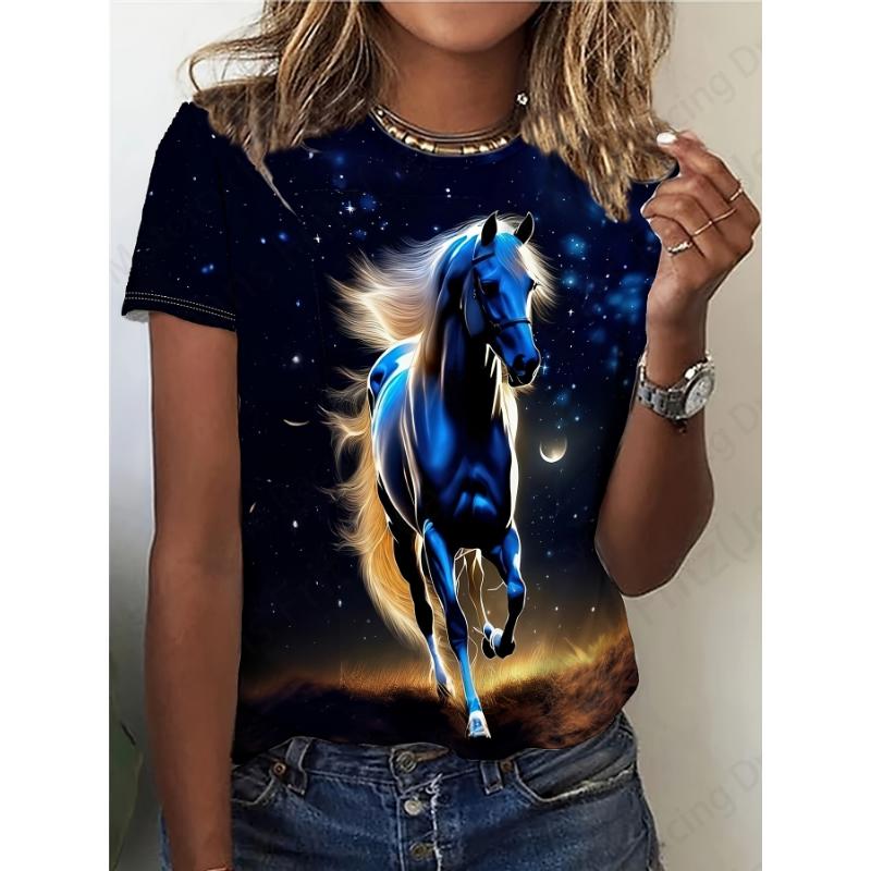 Summer Vintage Women's T-shirt Horse 3d Print Tshirt Women Fashion T-shirt Crew Neck Short Sleeve T Shirt Kids Tops Tees Animal
