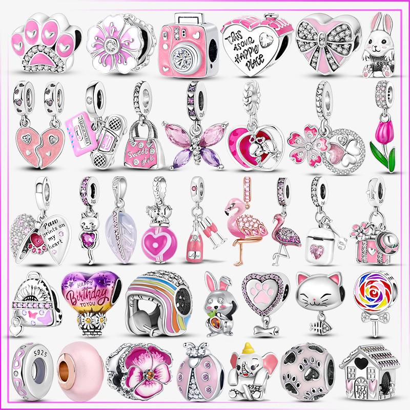 Ciondolo Cuore Fiore Argento Sterling 925 Rosa Fenicottero Palloncino Perline Gatto Car in Argento di Legge Per Nuovo Bracciale