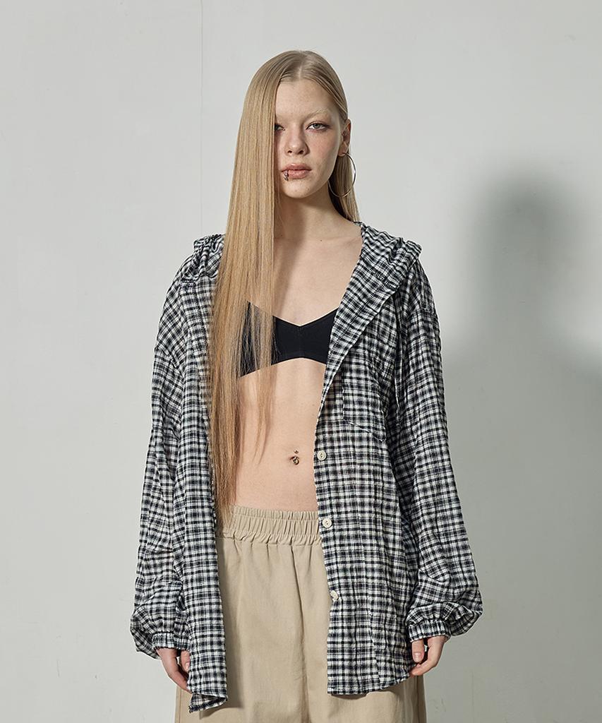MUTTLETT Winkle Check Hoodie Shirt / Black