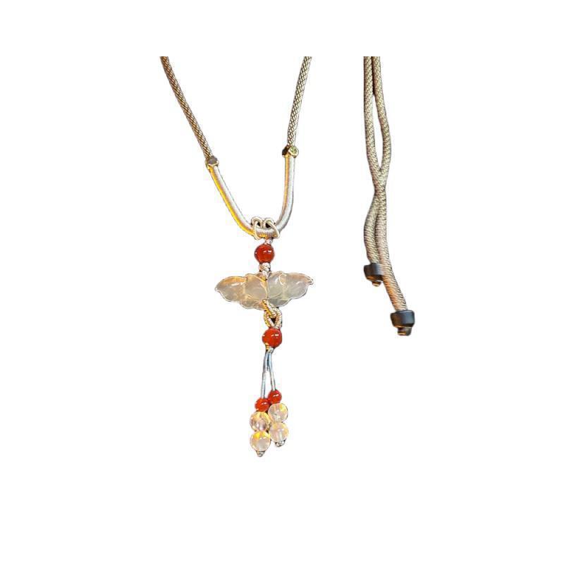 Lotus Jade Pendant Braided Rope Necklace Women's New Chinese Ancient Cheongsam Decoration National Style Hanfu Horse Dress with Accessories