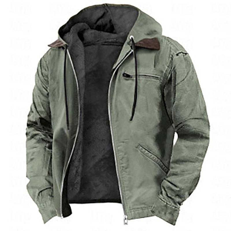 Men'S Casual Jackets Zipper Pocket Hooded Jackets Fashionable Solid Color Warm Autumn Winter Jackets