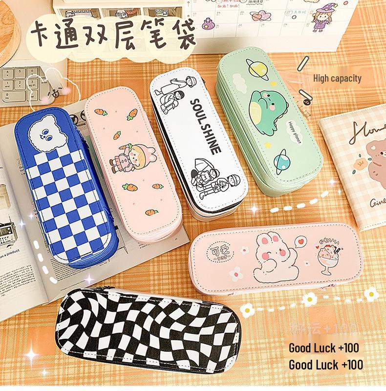 High-Capacity Double-Layer Cartoon Pencil Case - Cute & Functional Stationery Box for Students