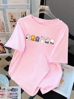 Different Color Cat Paw Combinations Prints Summer T-Shirts Womens Short Sleeve Tees Soft O-Neck Tops Basic Clothes