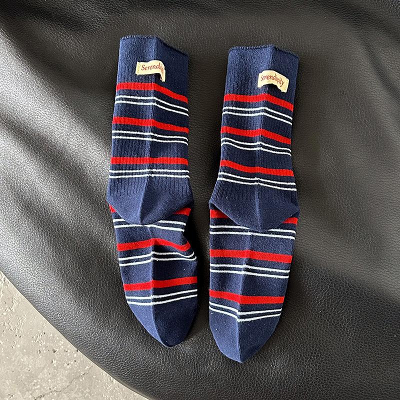 Cartoon Puppy Embroidery Cute Socks Women Autumn and Winter Middle Tube Socks Korean Striped Cotton Knitted Elastic Long Socks
