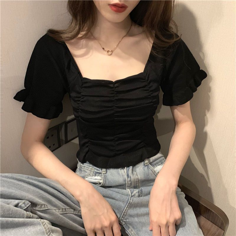 Women's French Square Neck Short Sleeved Knitted Shirt Women's Summer Slim Fit Base Shirt Short Top