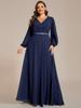 Ever-Pretty Women's Plus Size Pleated Double V-Neck Long Sleeves Shiny Belt Chiffon Evening Dress