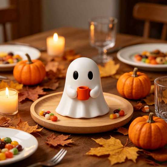 Whimsical Gnome Decor Ghost Drinking Coffee Figurine, Cute White Holding Orange Mug Statue, Spooky Charming Desktop Figurine Set Halloween Bar