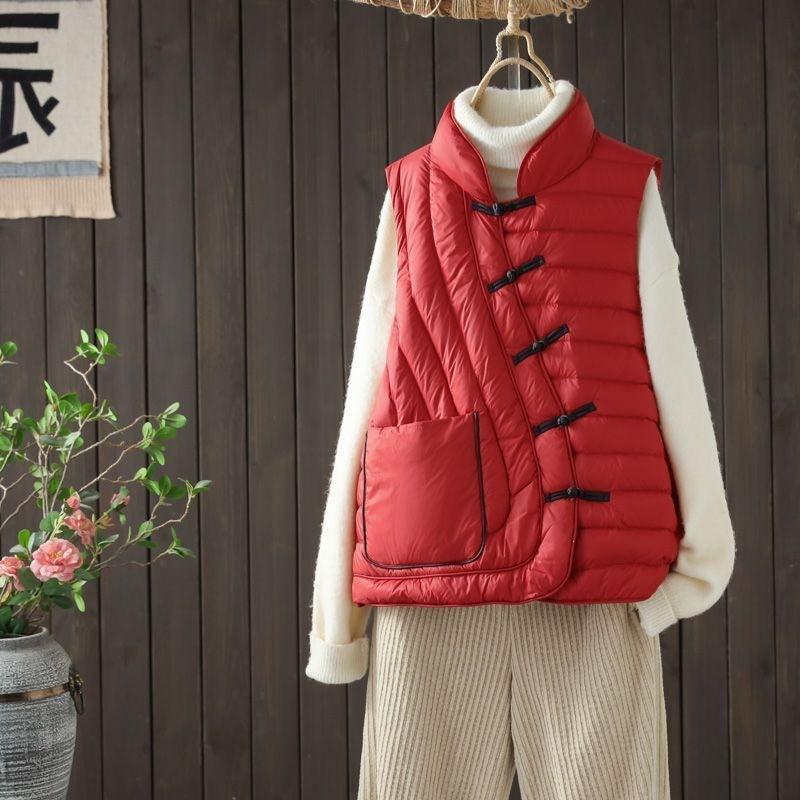 Womens Lightweight Down Vest With Mandarin Collar Button Front Short Puffer