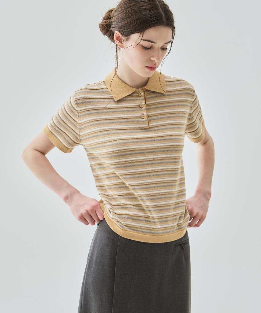 Deuloupisumeon Cotton Striped Short Sleeve Collared Knit [Beige]