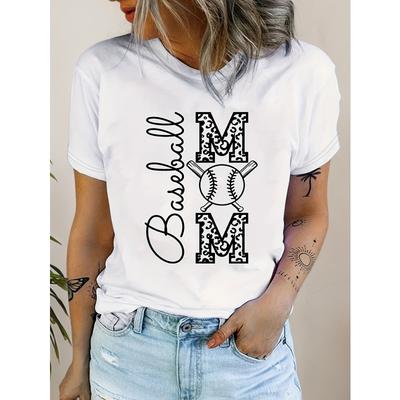 Women's Baseball Mom Graphic T-Shirt - Casual Short Sleeve Round Neck Top with Geometric Print, Breathable Fabric, Machine Washable, Regular Fit