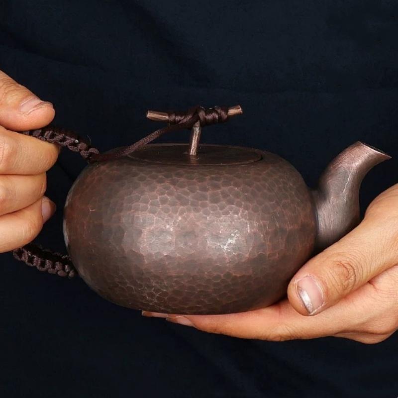 Vintage Pure Copper Coffee Pot,Hammer Texture Weave Portable 450ml Heat Resistant Filter Kettle,Handcrafted Ellipse Shape Teapot