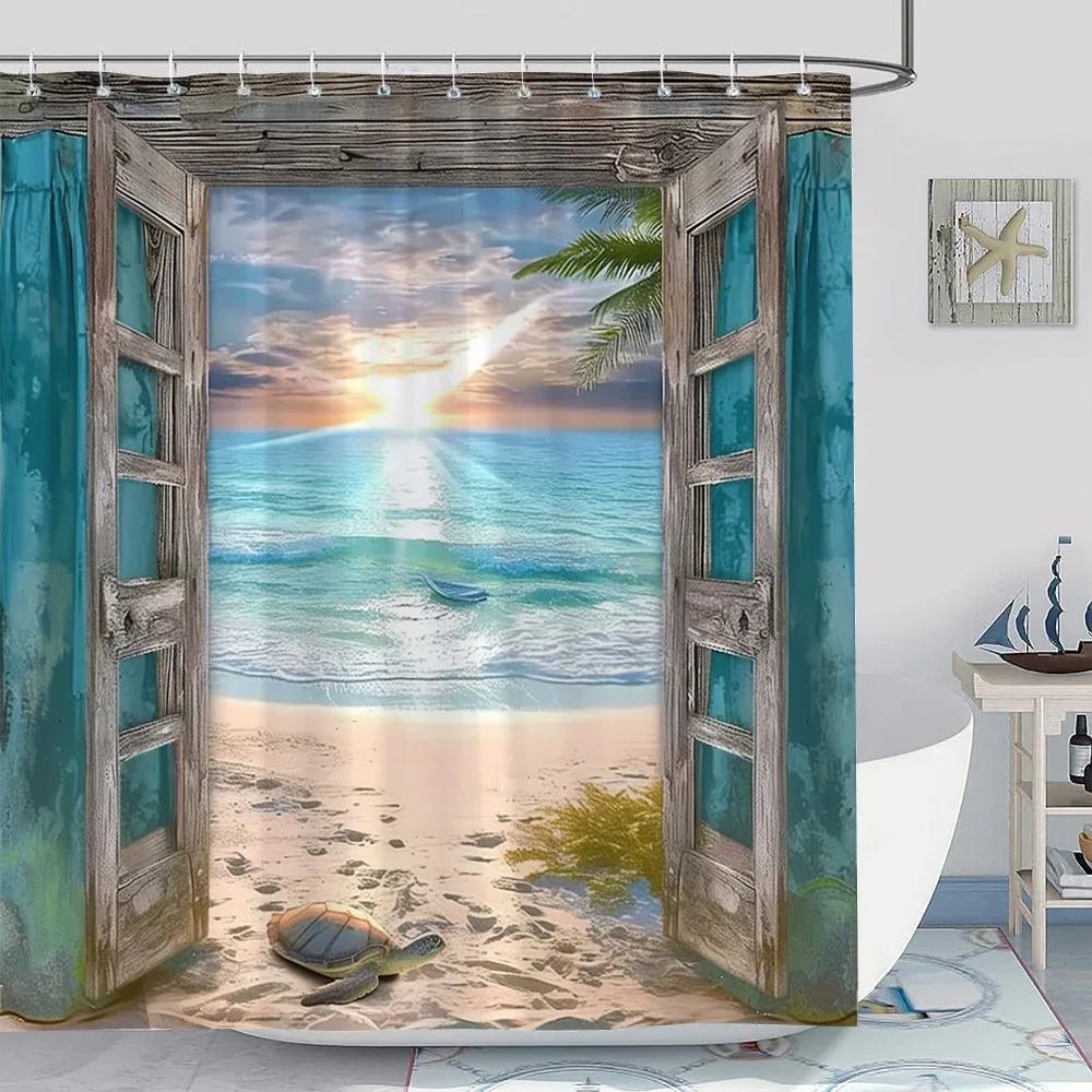 Vintage Anchor Starfish Nautical Pattern Shower Curtain Shell Coral Blue Classic Modern Simple Cloth Bath Curtain Bathroom Decor