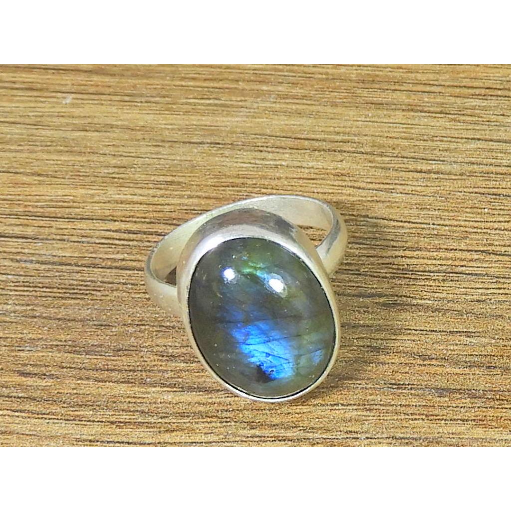 Ovaler Labradoritring US-7.5 Massiv 925 Sterling Silber Klobiger Edelsteinring MK-36