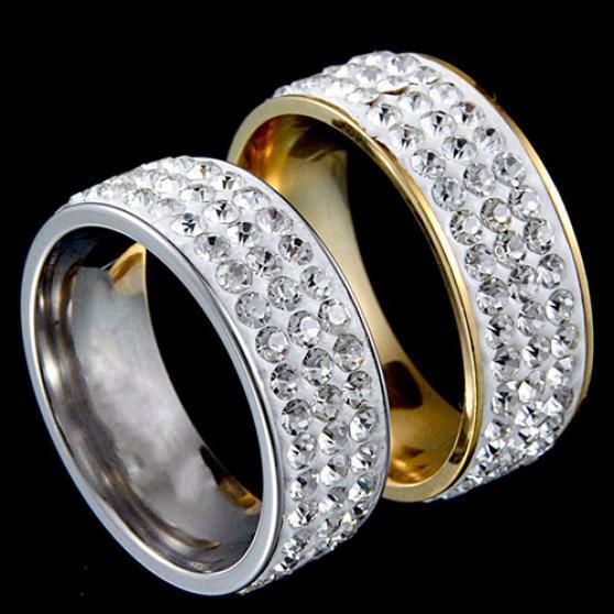 1Pc Women Men Luxury Three Rows Rhinestones Couple Gift Finger Wedding Band Ring