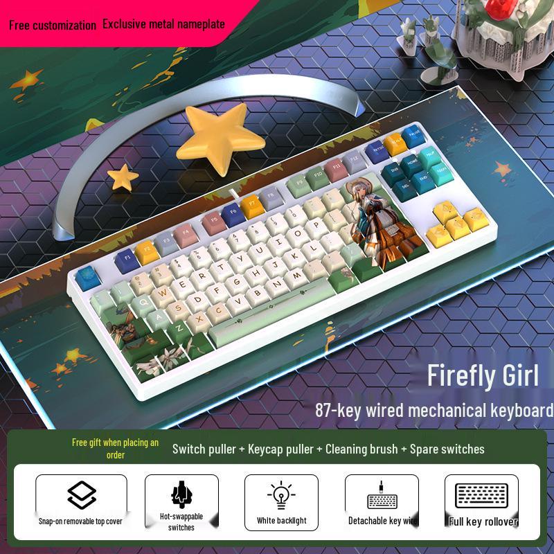 87-Key Schattig Mechanisch Toetsenbord, Bedraad Blauwe Schakelaar, Gepersonaliseerd PBT voor Gaming, Esports, Kantoor, Creatieve Meisjes