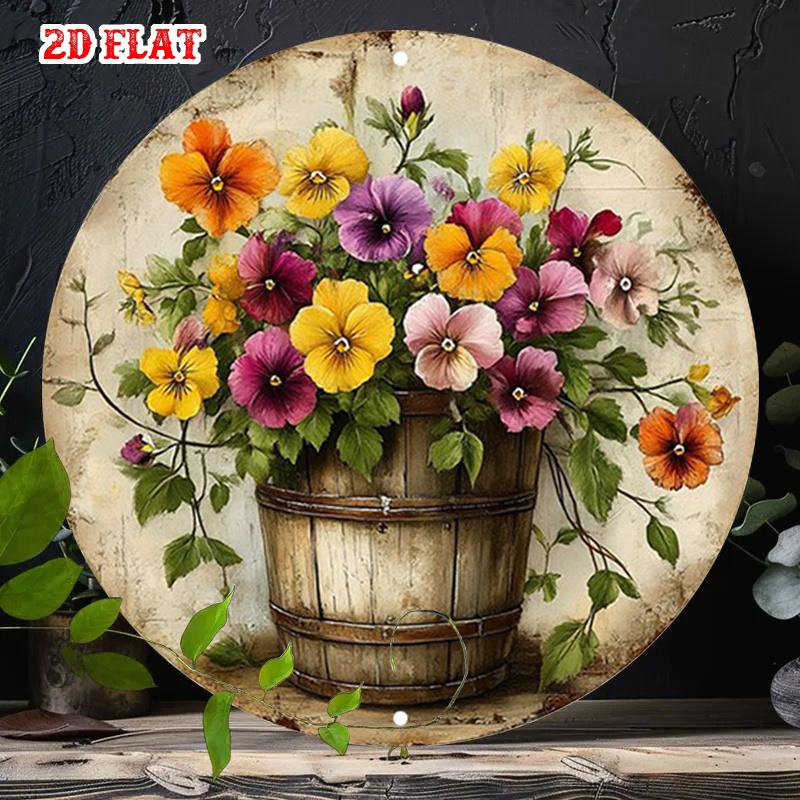 D Flat pc Vintage Rustic Floral Bouquet Metal Wall Art Round Aluminum Sign Suitable for Home Garage Dining Room Cafe