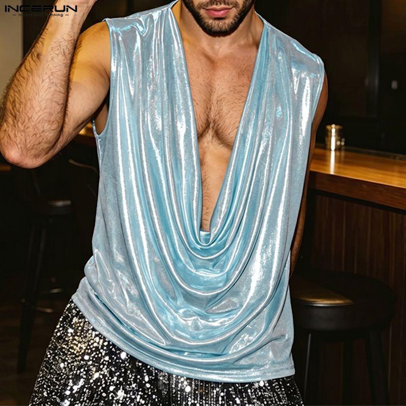 INCERUN Men Low Cowl Neck Sleeveless Shiny Metallic Glitter Stage Performance Costume Party Tank Tops