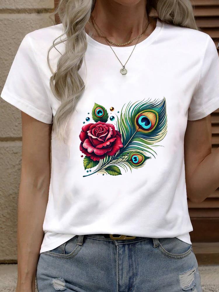 (Asian Size) Tee Top Trend Flower Lovely Cute Women Fashion Female Clothing T Shirt Woman Print Short Sleeve Graphic T-shirts