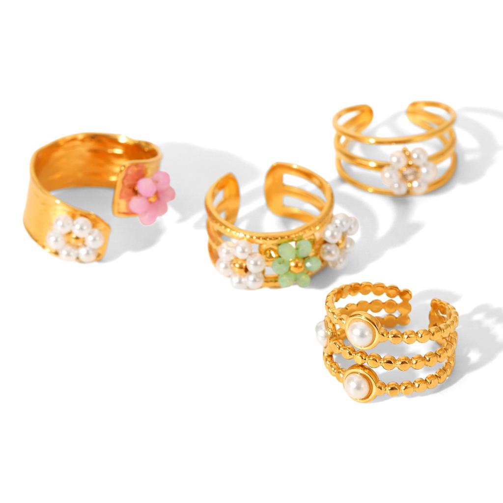 Perlenring Nischen Design Hand Schmuck Titan Stahl Offener Ring Damen Nicht verblassend Blume Edelstahlring