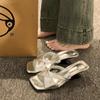 French Style Women High-heel Sandals Designer Slippers Fashion Square Toe Slope Heel Slippers Summer Open Toe High Heel Slippers