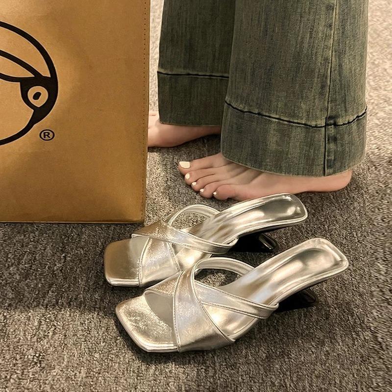 French Style Women High-heel Sandals Designer Slippers Fashion Square Toe Slope Heel Slippers Summer Open Toe High Heel Slippers