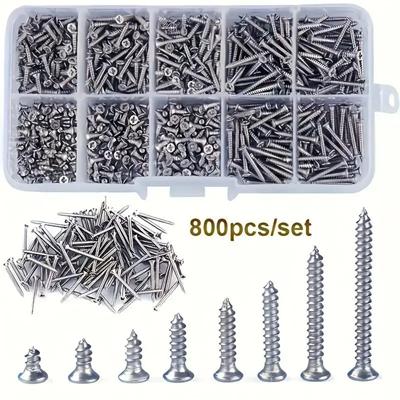 Wood Screw Assortment Kit, Self Tapping Phillips Flat Sheet Metal Screws Set, 800pcs Heavy Duty M2 Self Tapping Screws