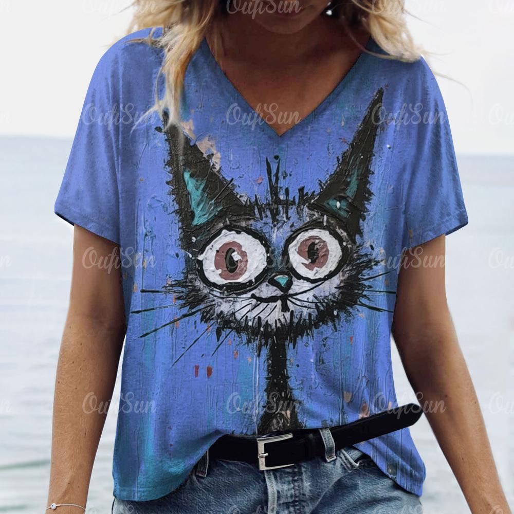 Dieren T-shirt Voor Dames Kattenprint Zomer Korte Mouw Casual Tops Dames Oversized Kleding Fashiion Street V-hals Pullover