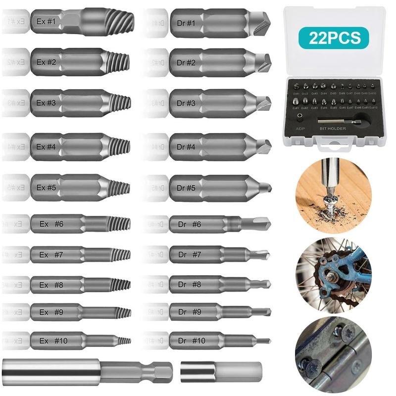 Beschädigter Schraubenausdreher, Entferner-Bohrer-Set, Schrauben zerlegen, Bolzen, Bolzen, Schlupfzähne, abgerissen, gebrochene Entferner-Werkzeuge