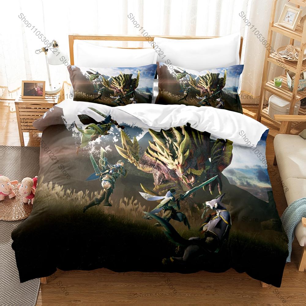 Monster Hunter Rise Merch 3PCS Bedding Duvet Cover With 2 Pillowcases Washable Zipper Gaming Bed Cover