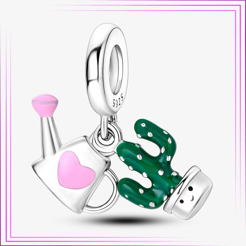 Ciondolo Cuore Fiore Argento Sterling 925 Rosa Fenicottero Palloncino Perline Gatto Car in Argento di Legge Per Nuovo Bracciale